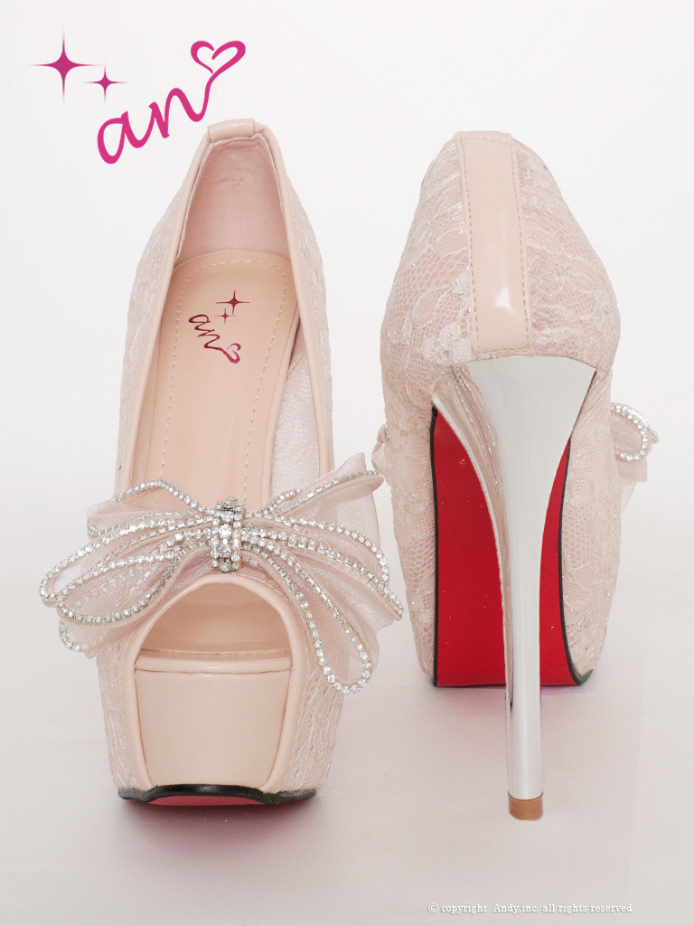 チュール リボン レース ラインストーン ピンヒール オープントゥ パンプスのメイン画像2