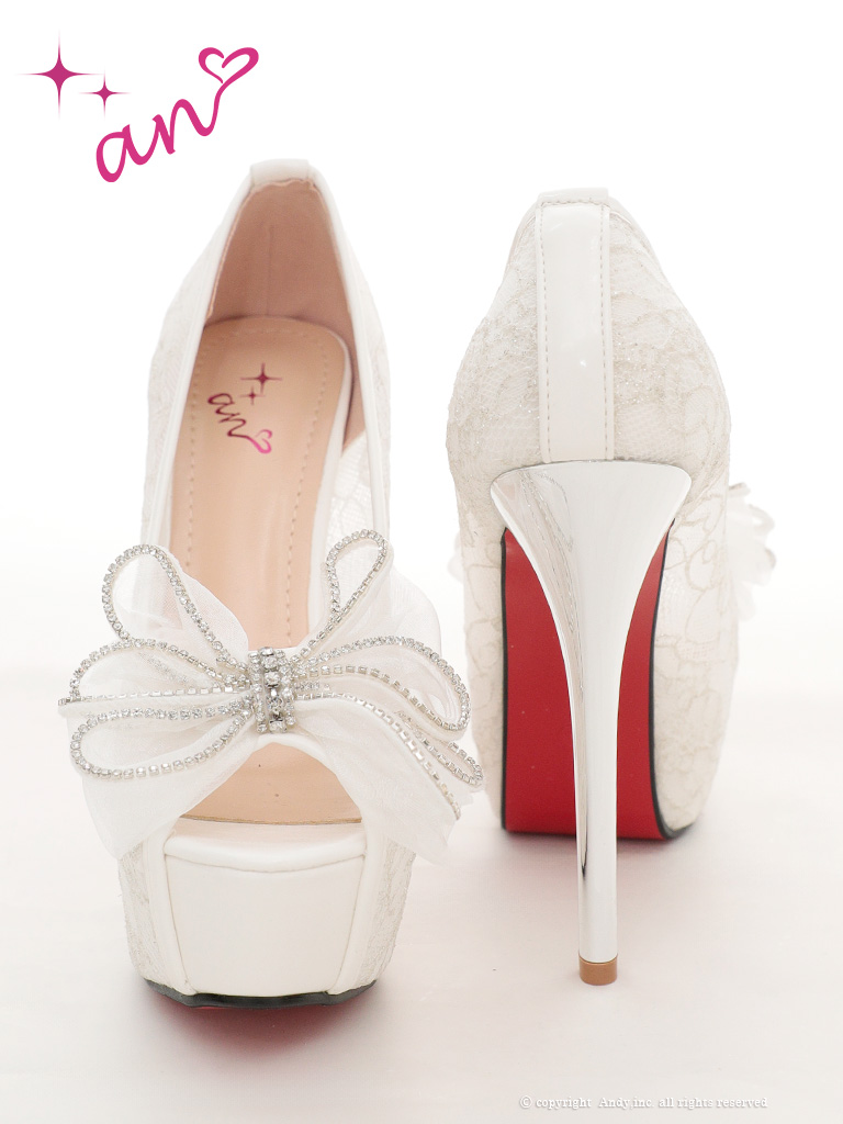 チュール リボン レース ラインストーン ピンヒール オープントゥ パンプスのメイン画像2