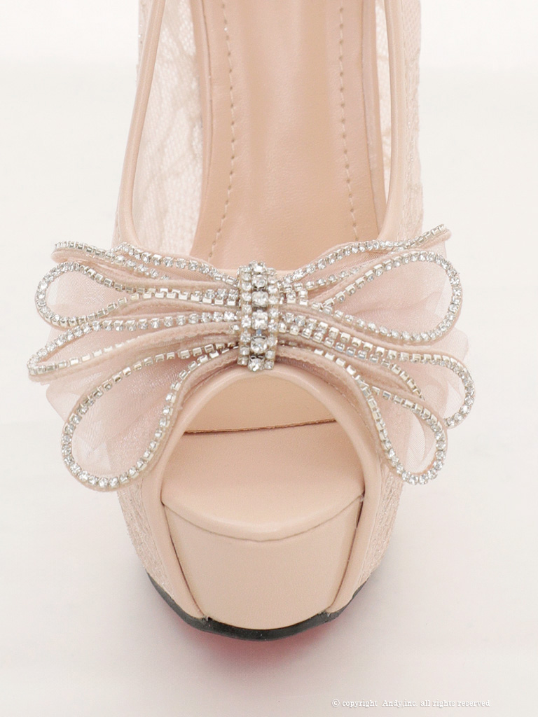 チュール リボン レース ラインストーン ピンヒール オープントゥ パンプスのイメージ画像2