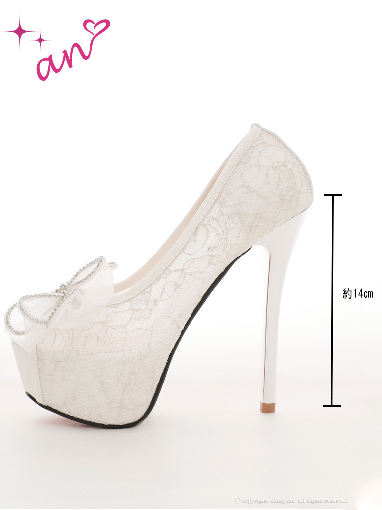 チュール リボン レース ラインストーン ピンヒール オープントゥ パンプスのイメージ画像4