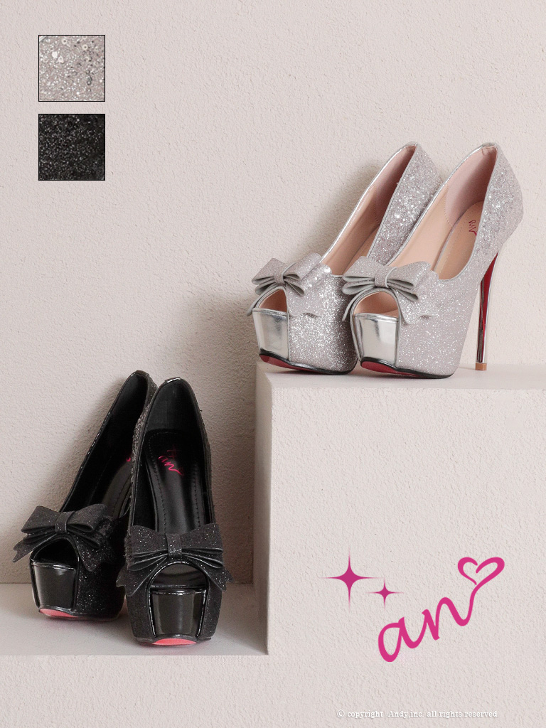 ラメ グリッター リボン ピンヒール オープントゥ パンプスのメイン画像1