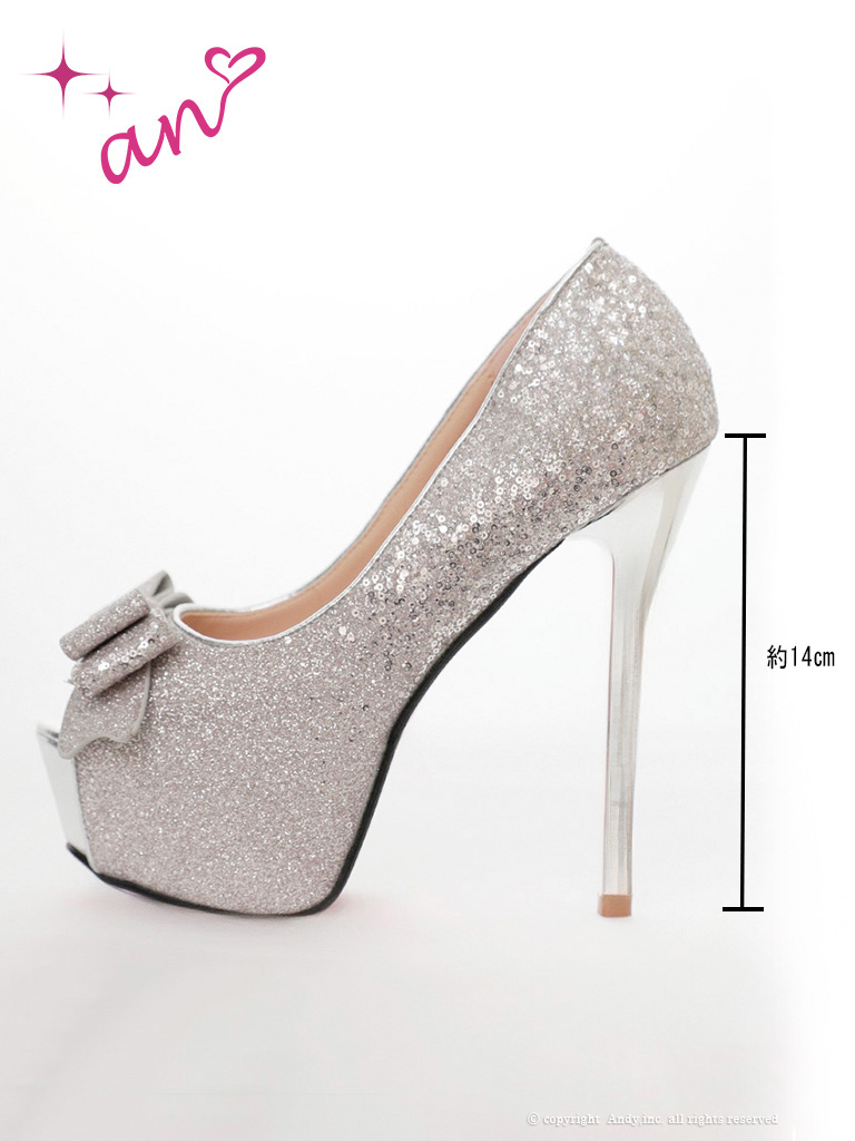 ラメ グリッター リボン ピンヒール オープントゥ パンプスのイメージ画像2