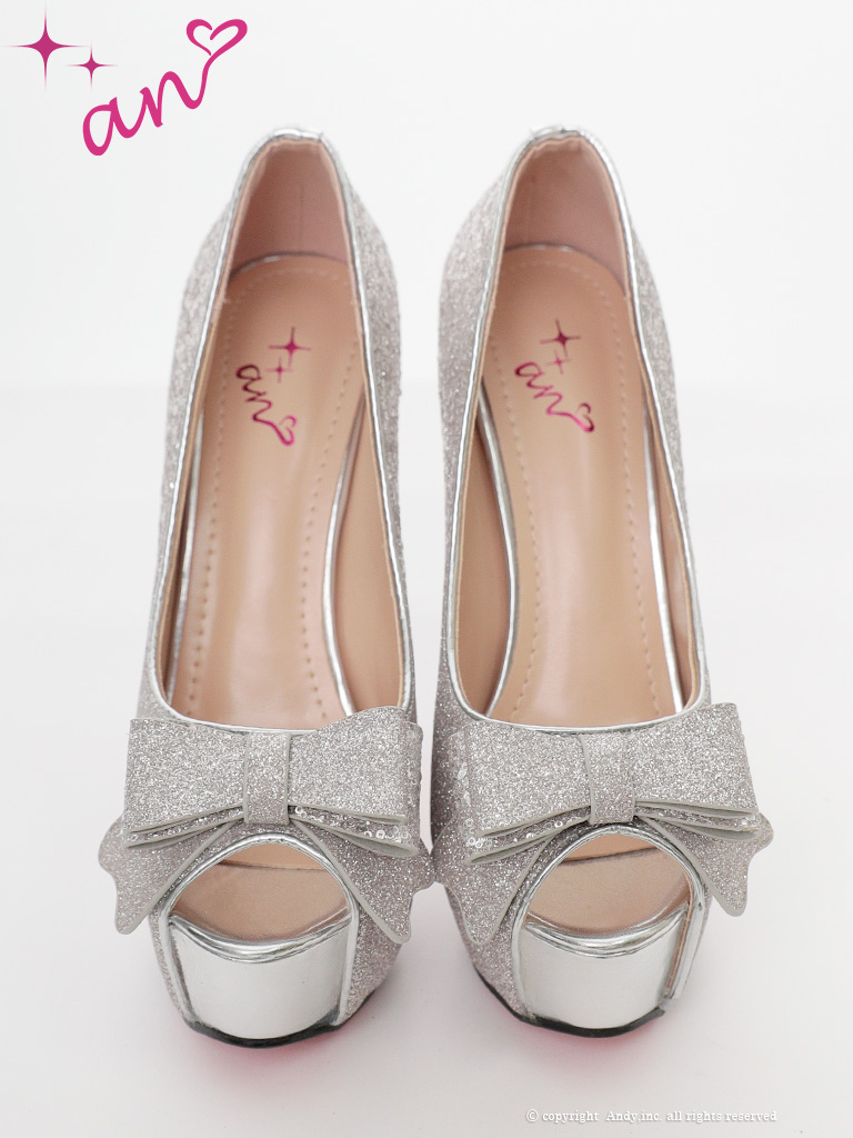 ラメ グリッター リボン ピンヒール オープントゥ パンプスのイメージ画像3