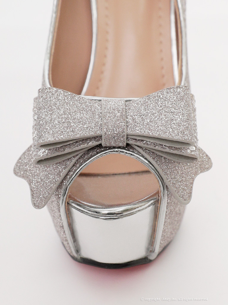 ラメ グリッター リボン ピンヒール オープントゥ パンプスのイメージ画像4