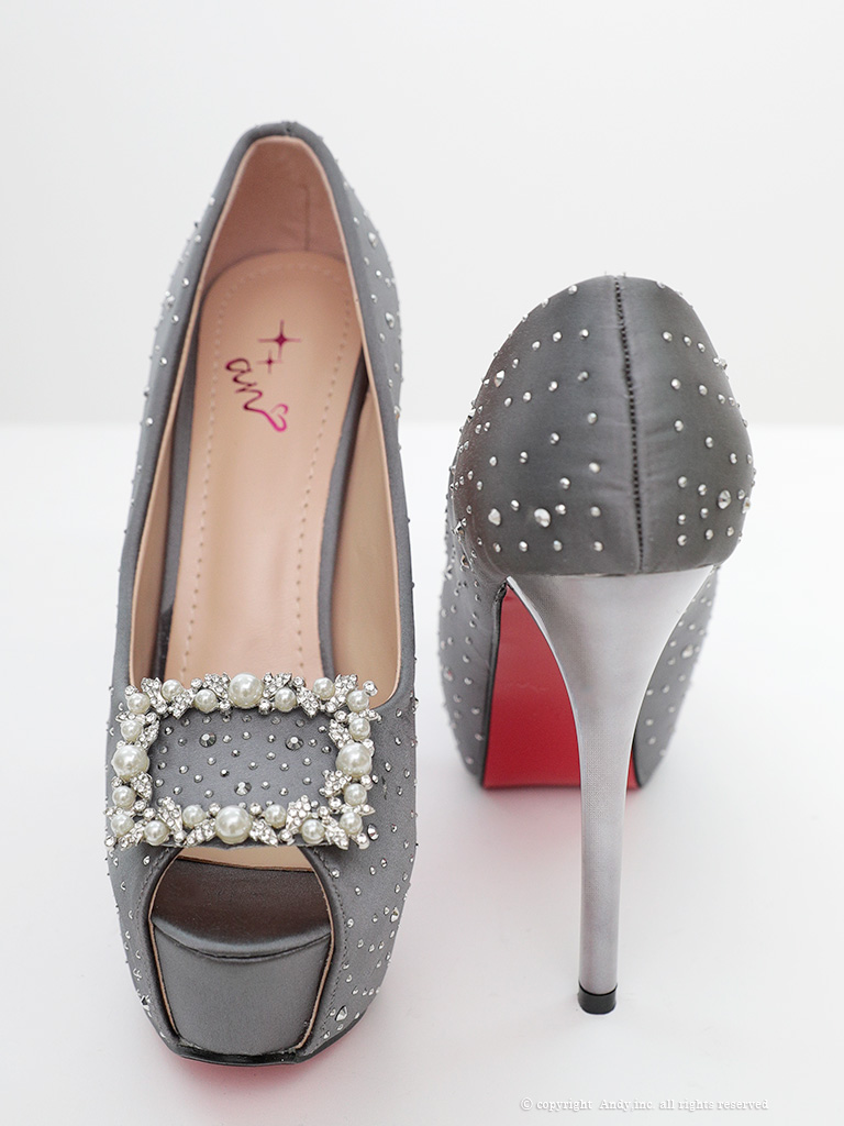 パール ラインストーン ビジュー スクエアモチーフ ピンヒール オープントゥ パンプスのメイン画像2