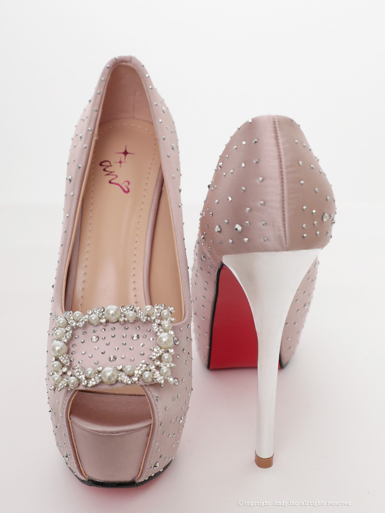 パール ラインストーン ビジュー スクエアモチーフ ピンヒール オープントゥ パンプスのメイン画像2