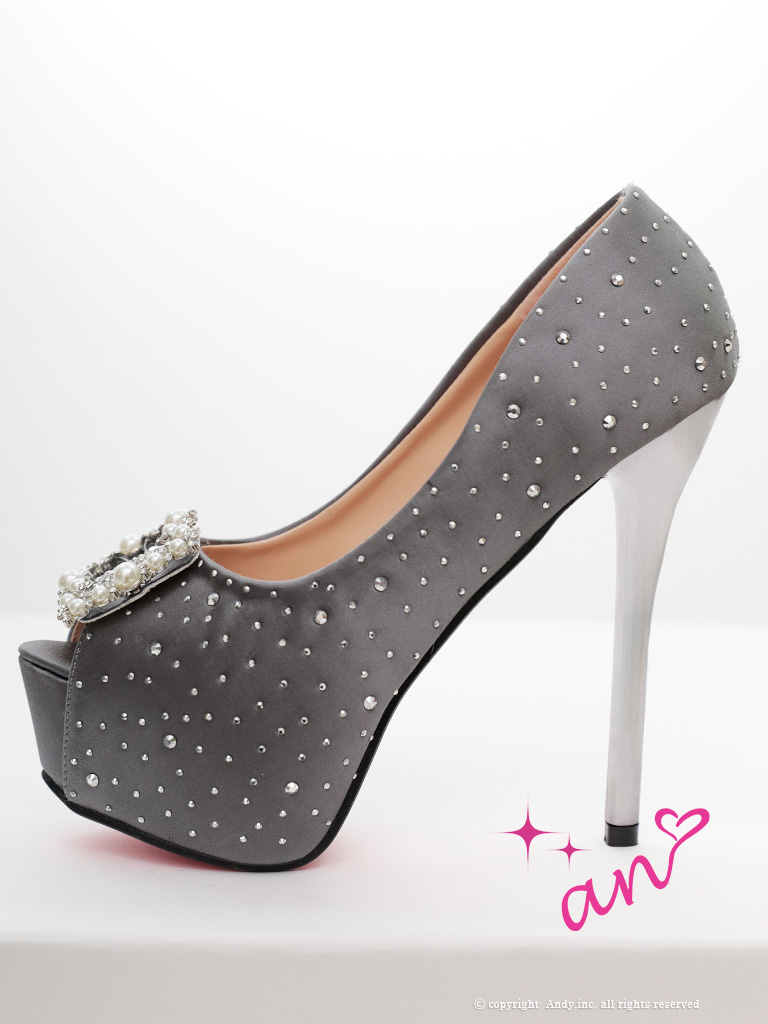 パール ラインストーン ビジュー スクエアモチーフ ピンヒール オープントゥ パンプスのイメージ画像3