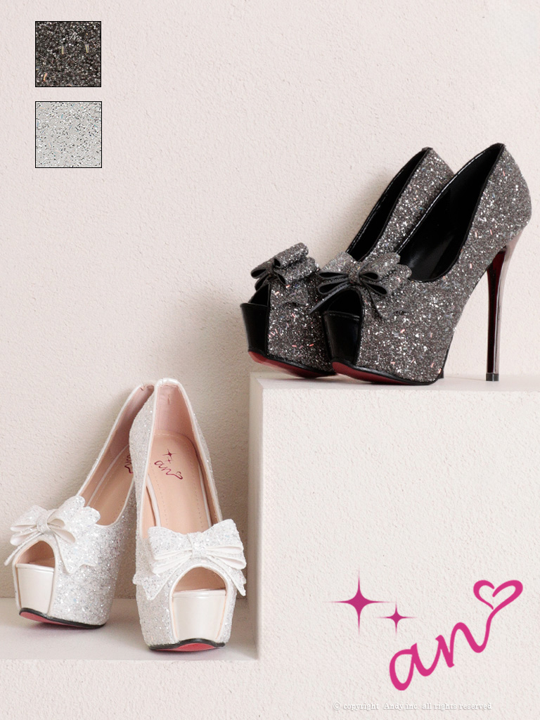 リボン ラメ グリッター ピンヒール オープントゥ パンプスのメイン画像1