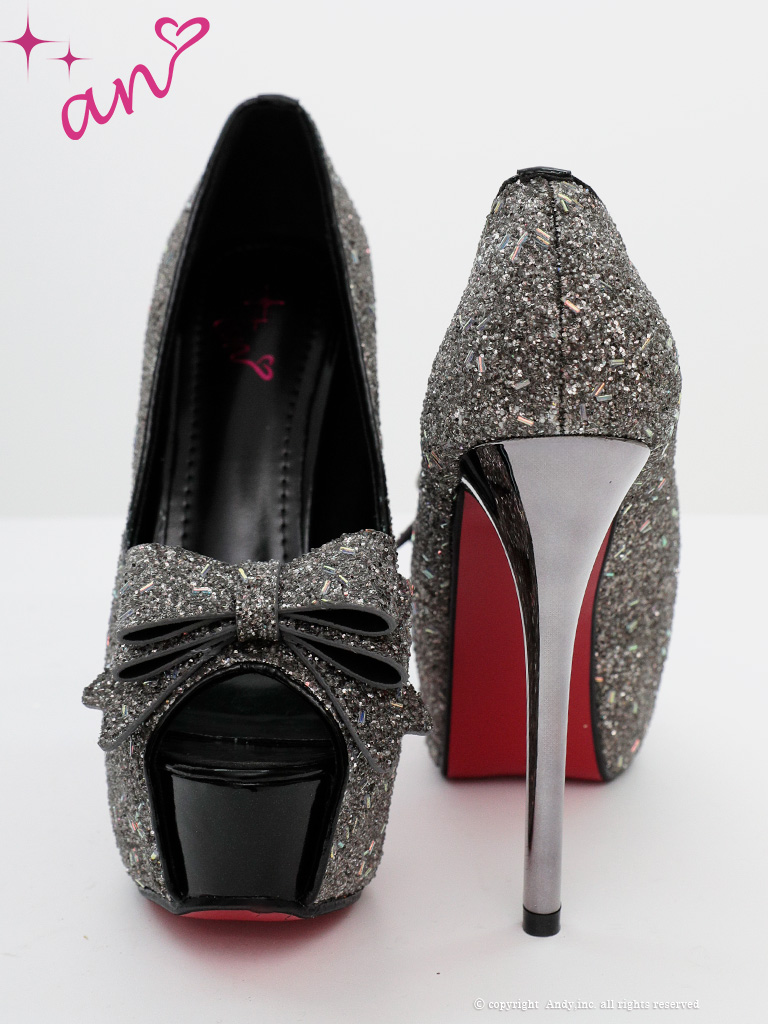 リボン ラメ グリッター ピンヒール オープントゥ パンプスのメイン画像2