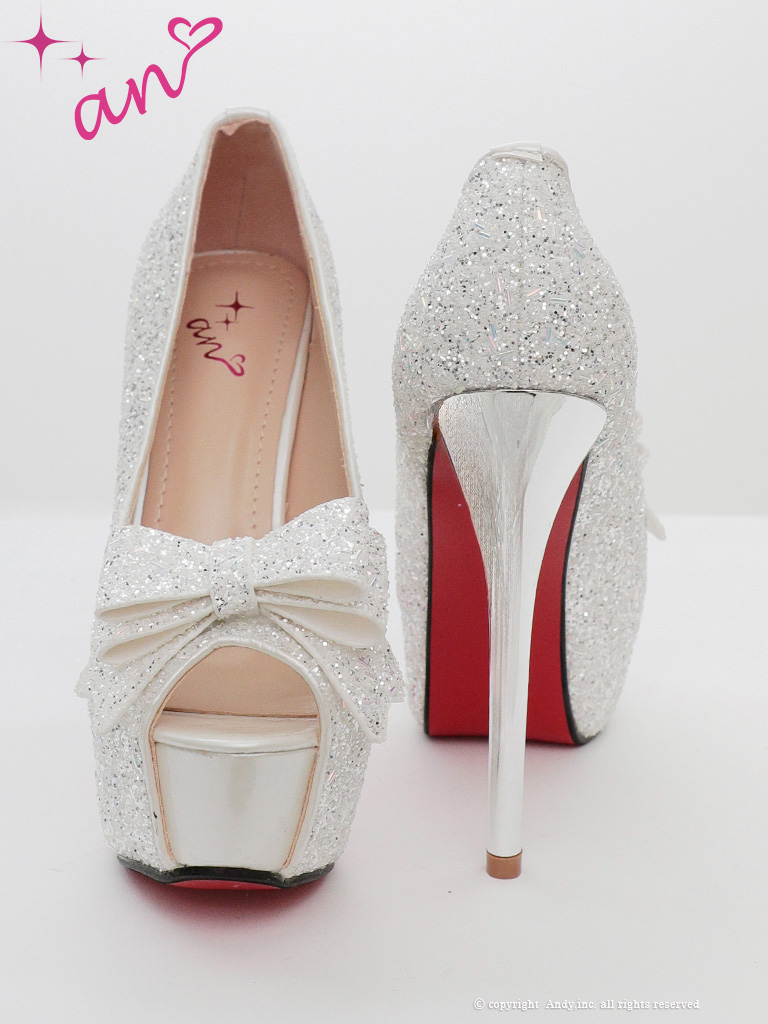 リボン ラメ グリッター ピンヒール オープントゥ パンプスのメイン画像2