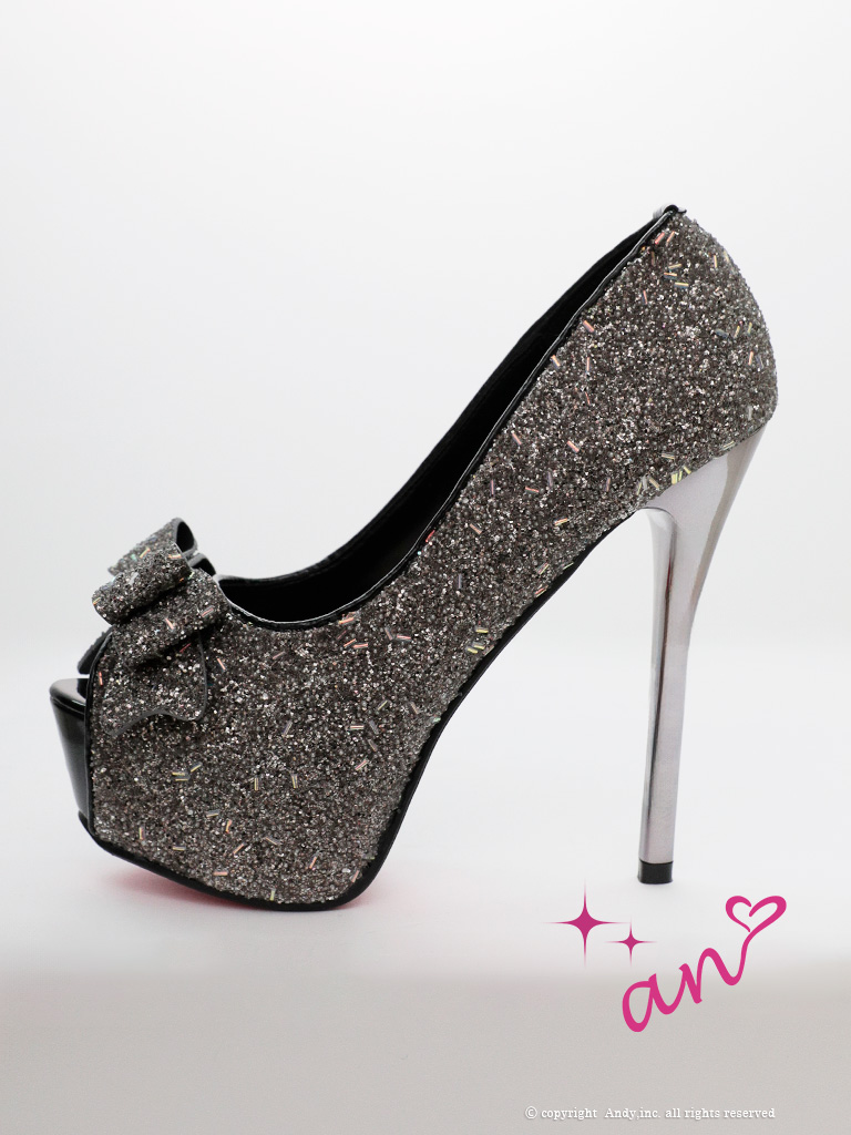 リボン ラメ グリッター ピンヒール オープントゥ パンプスのイメージ画像1