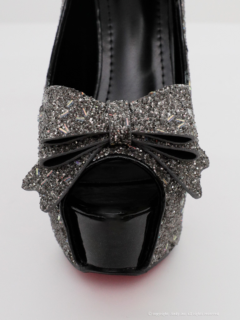 リボン ラメ グリッター ピンヒール オープントゥ パンプスのイメージ画像2