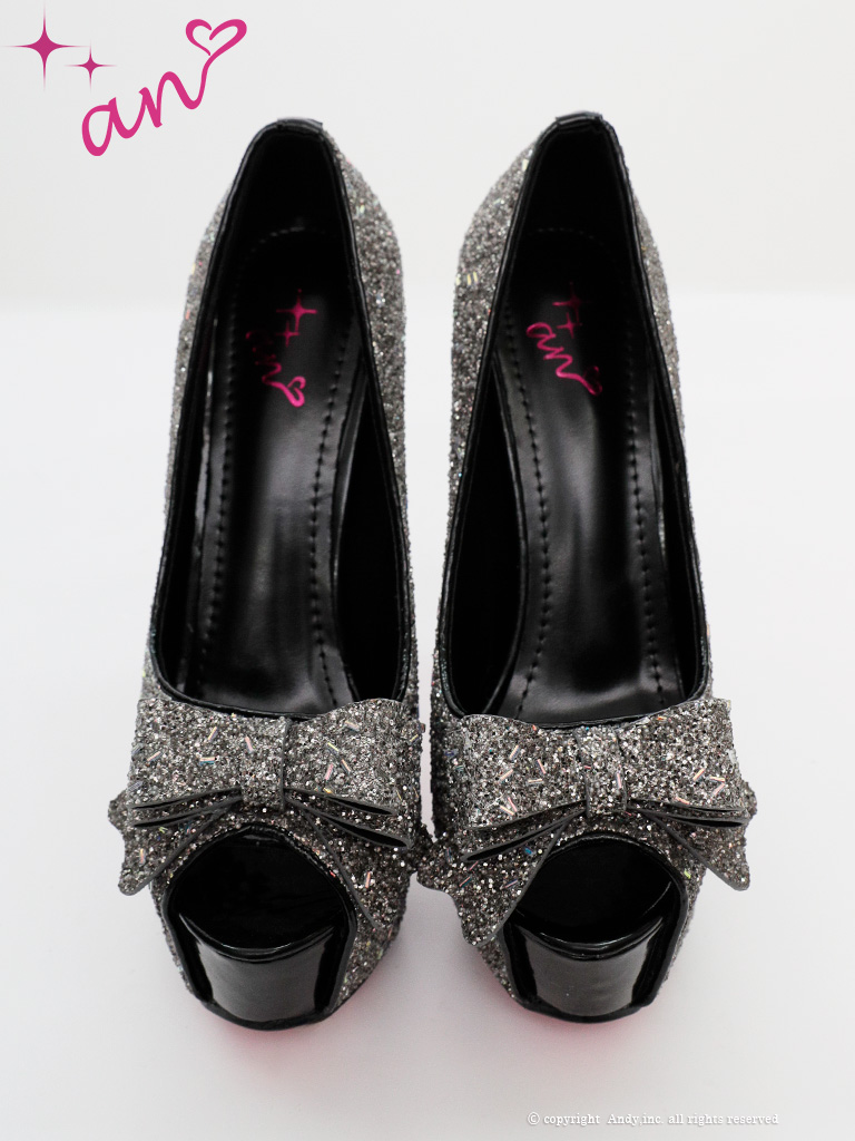 リボン ラメ グリッター ピンヒール オープントゥ パンプスのイメージ画像3