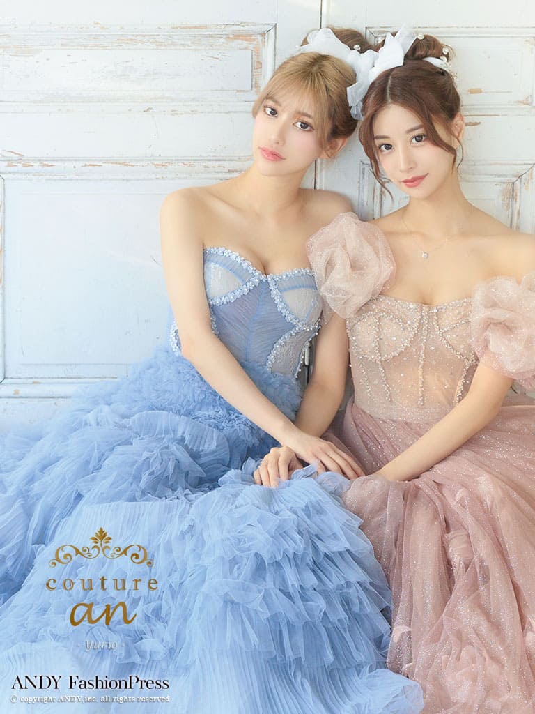 ベアトップ シフォン フリル コルセット風 レースアップ バースデー Aラインロングドレスのメイン画像1