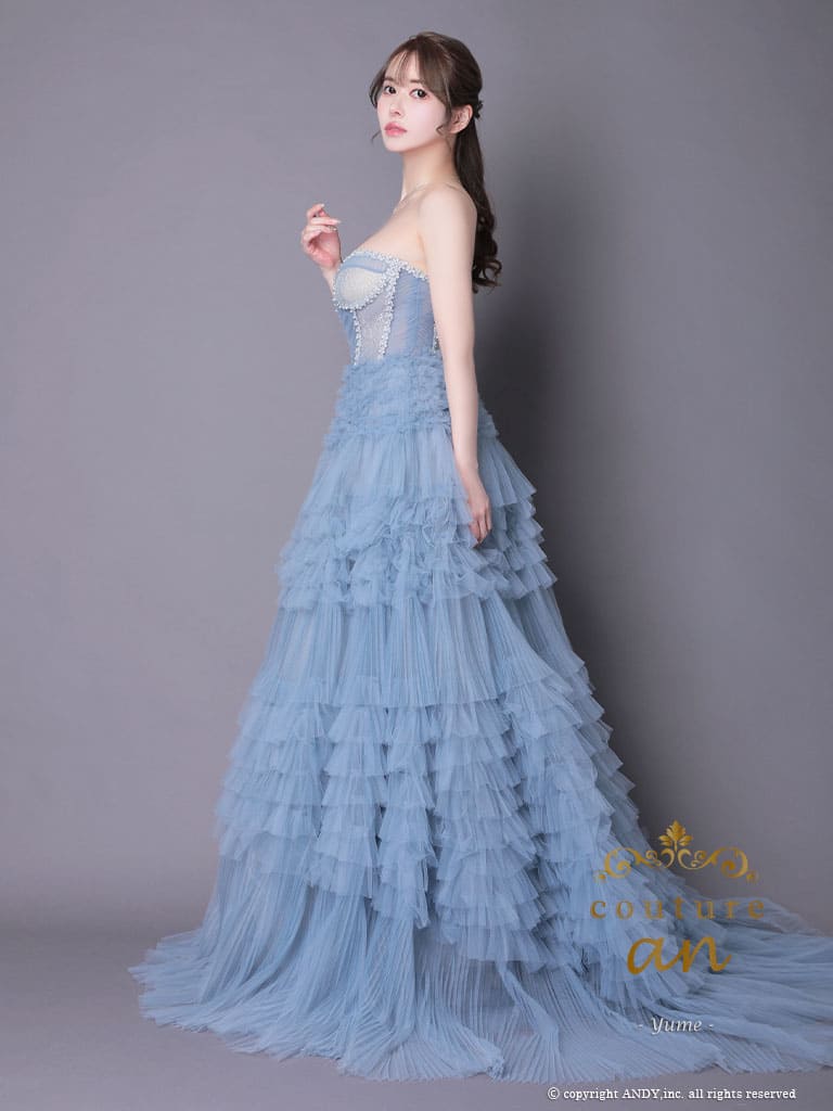 ベアトップ シフォン フリル コルセット風 レースアップ バースデー Aラインロングドレスの全身サイド画像1