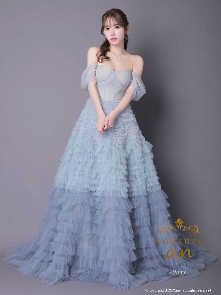 オフショルダー シフォン フリル グラデーション コルセット風 レースアップ バースデー Aラインロングドレスの全身フロント画像1