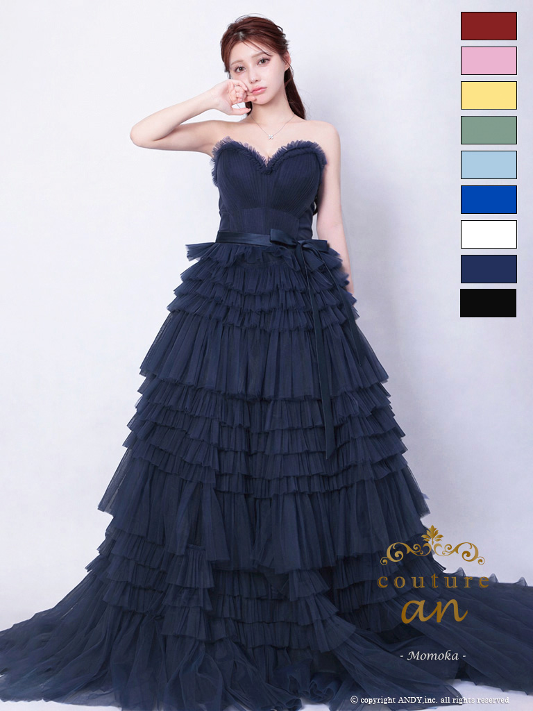 ベアトップ ワンカラー ウエストリボン フリル チュール レースアップ バースデー Aラインロングドレスのメイン画像1