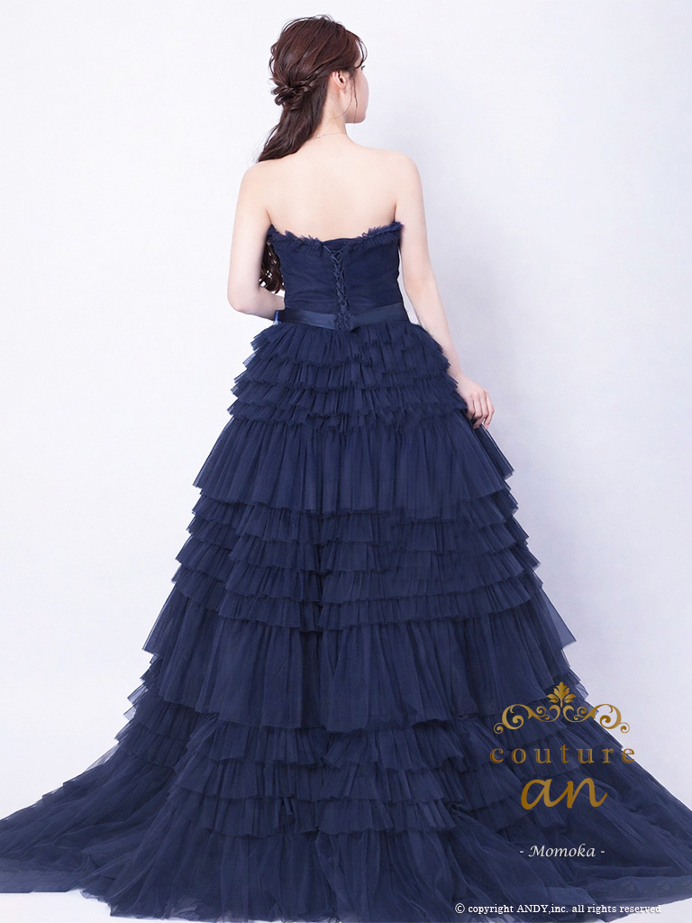 ベアトップ ワンカラー ウエストリボン フリル チュール レースアップ バースデー Aラインロングドレスの詳細画像3