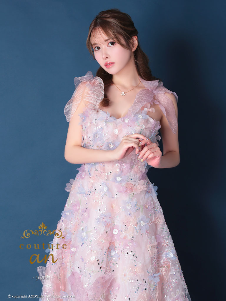 ノースリーブ シフォン ショルダーリボン フラワー ビジュー レースアップ バースデー Aラインロングドレスの全身フロント画像1