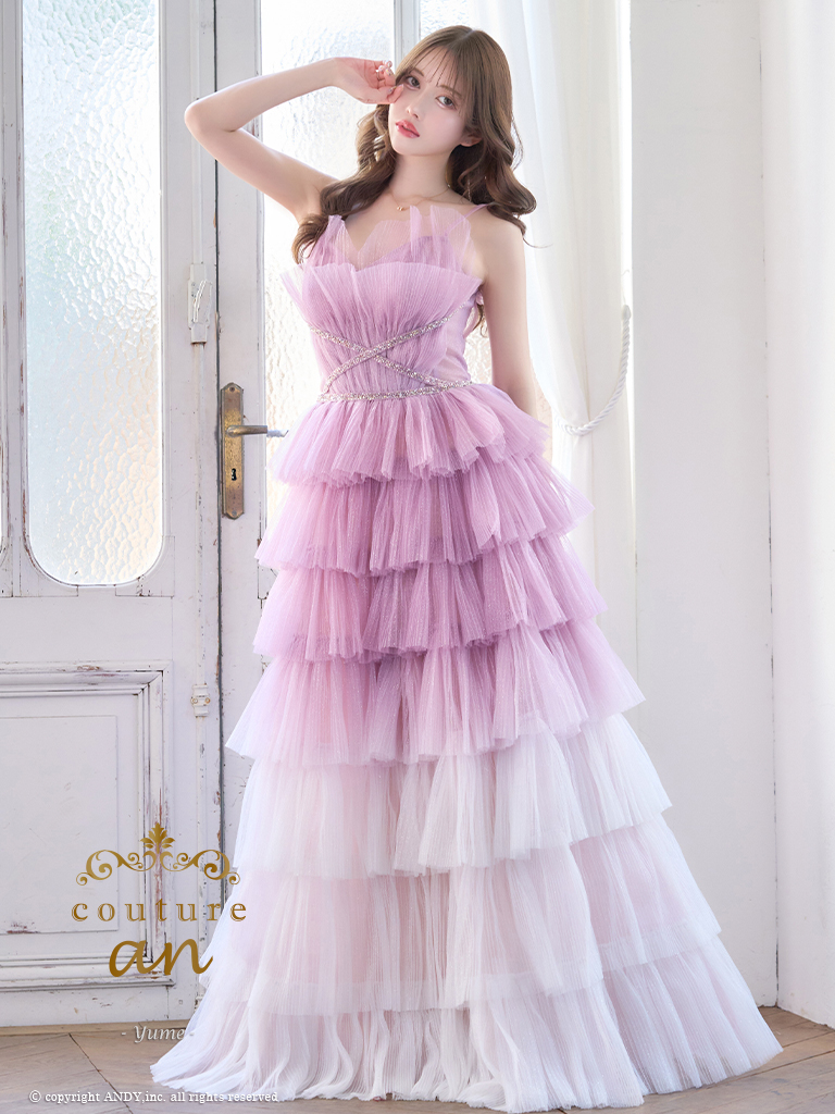 ガーリー キャミソール レース スパンコール フリル ウエストリボン バースデー Aラインロングドレスのメイン画像1