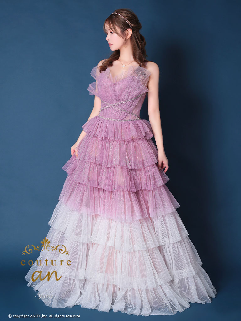 ガーリー キャミソール レース スパンコール フリル ウエストリボン バースデー Aラインロングドレスの全身フロント画像1