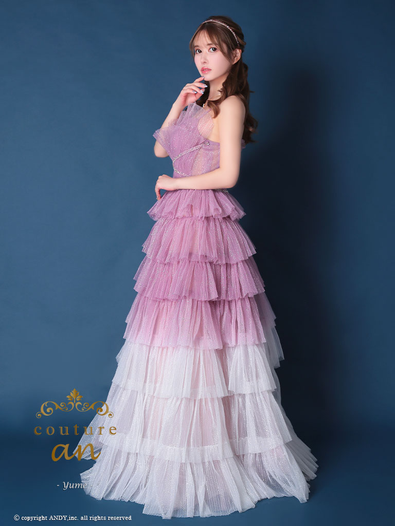 ガーリー キャミソール レース スパンコール フリル ウエストリボン バースデー Aラインロングドレスの全身サイド画像1