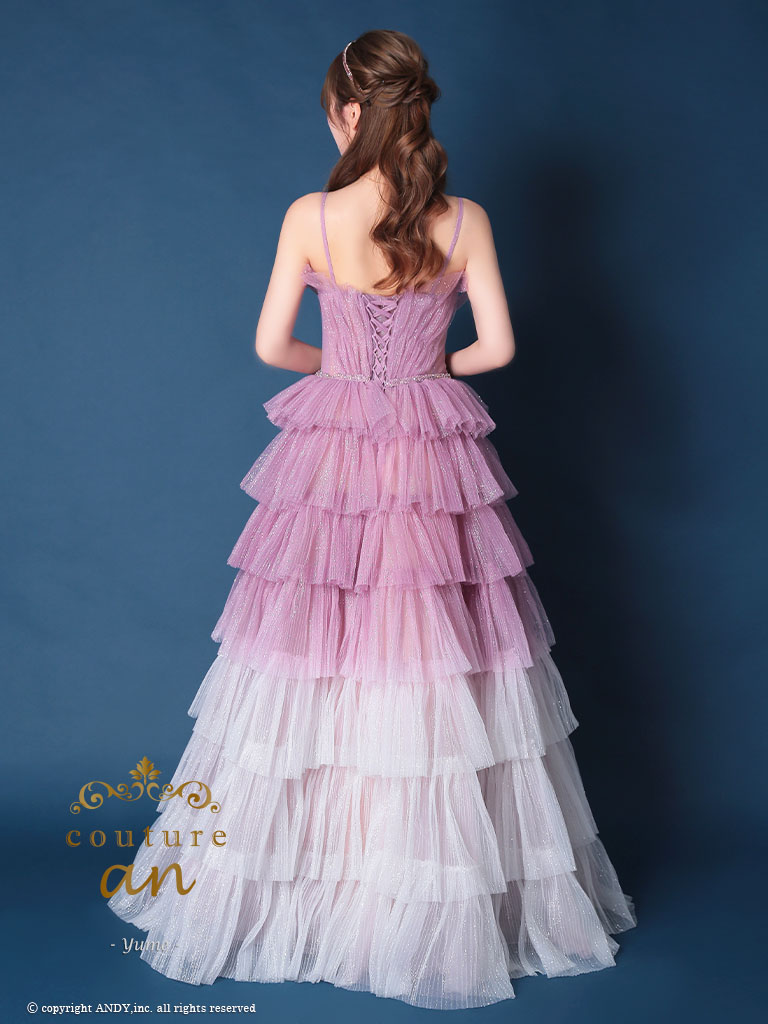 ガーリー キャミソール レース スパンコール フリル ウエストリボン バースデー Aラインロングドレスの全身バック画像1