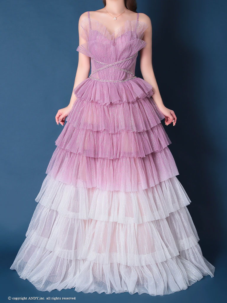 ガーリー キャミソール レース スパンコール フリル ウエストリボン バースデー Aラインロングドレスの詳細画像1