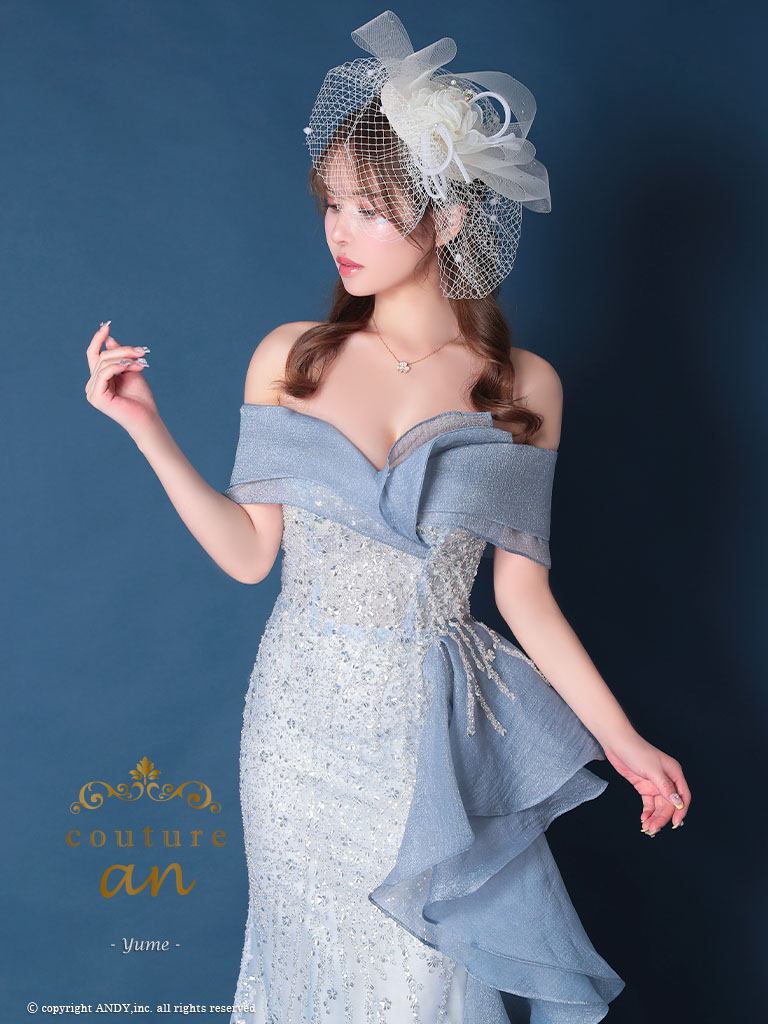オフショルダー シフォン フリル スパンコール レースアップ バースデー マーメイドロングドレスのメイン画像1
