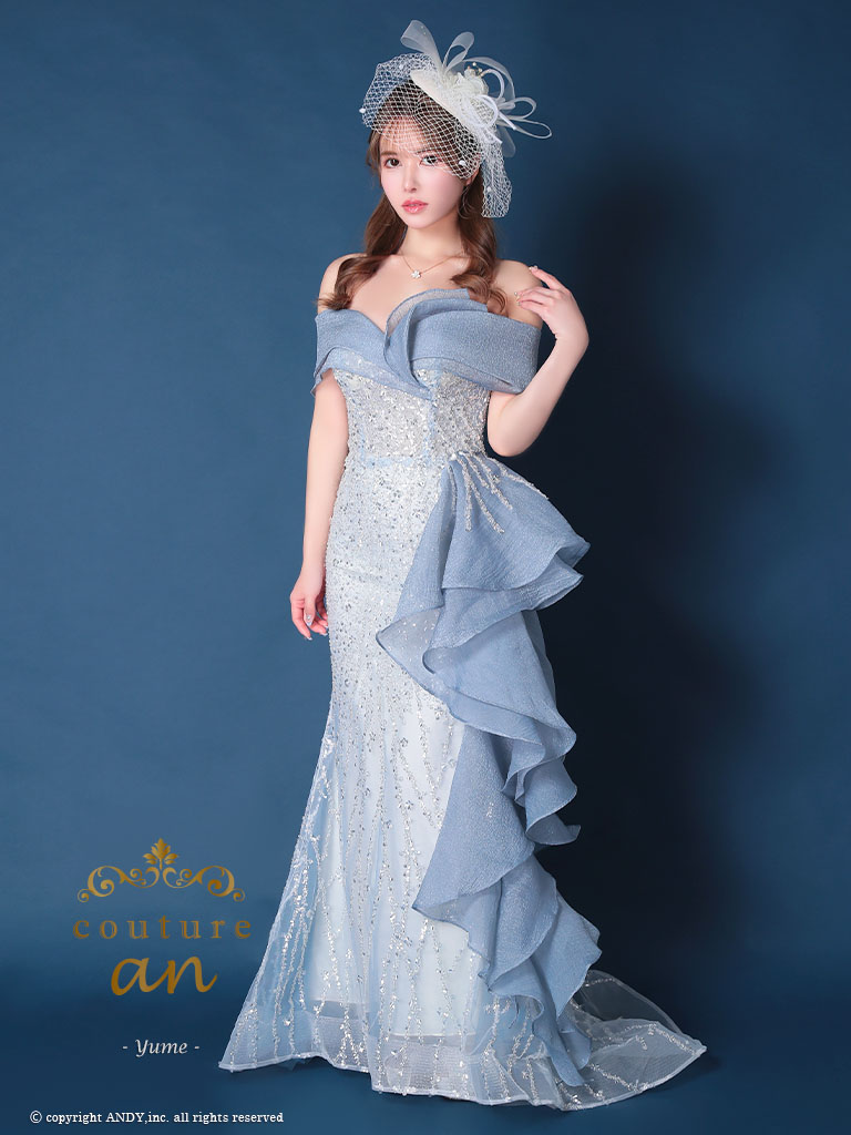 オフショルダー シフォン フリル スパンコール レースアップ バースデー マーメイドロングドレスの全身フロント画像1