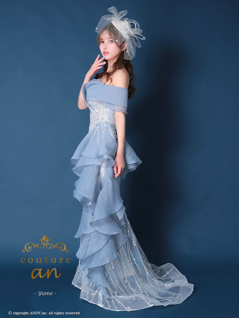 オフショルダー シフォン フリル スパンコール レースアップ バースデー マーメイドロングドレスの全身サイド画像1