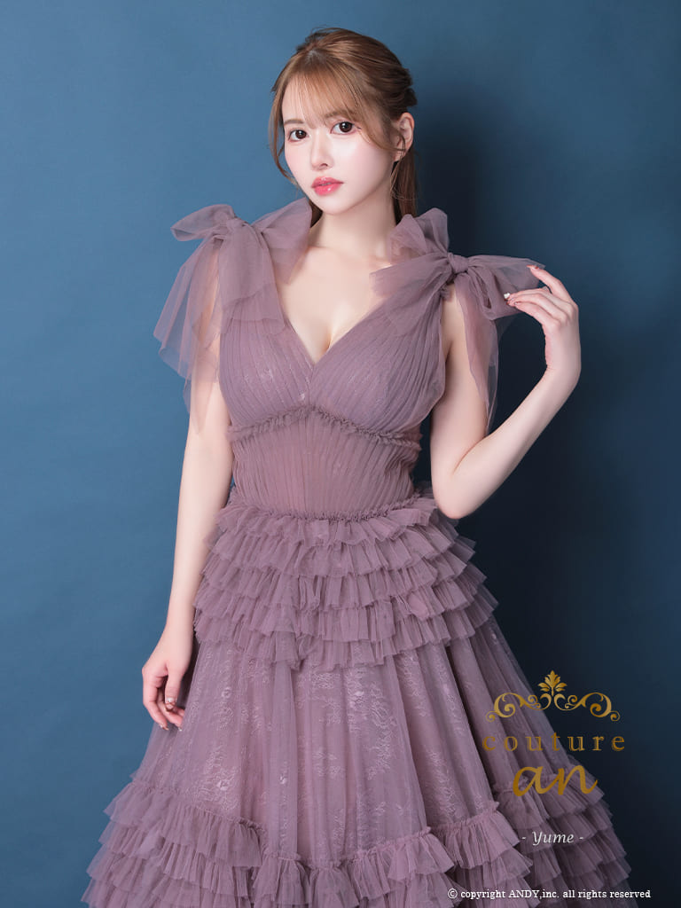 ノースリーブ シフォン フリル ショルダールボン レースアップ バースデー Aラインロングドレスのメイン画像1
