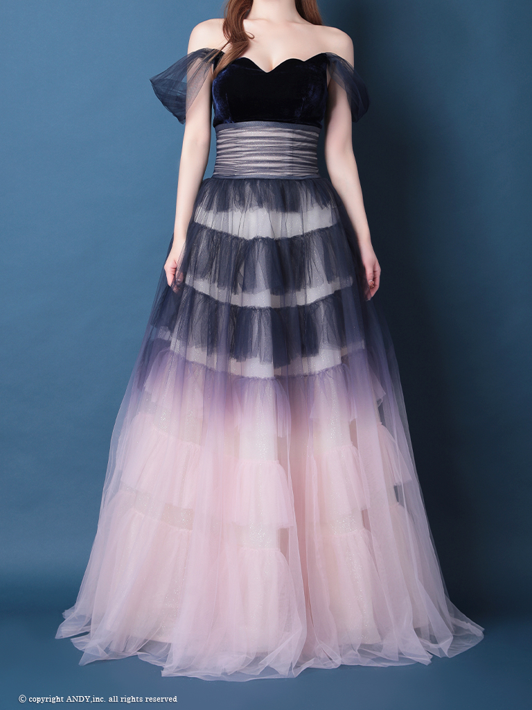 オフショルダー グラデーション ベロア バースデー レースアップ Aラインロングドレスの詳細画像3