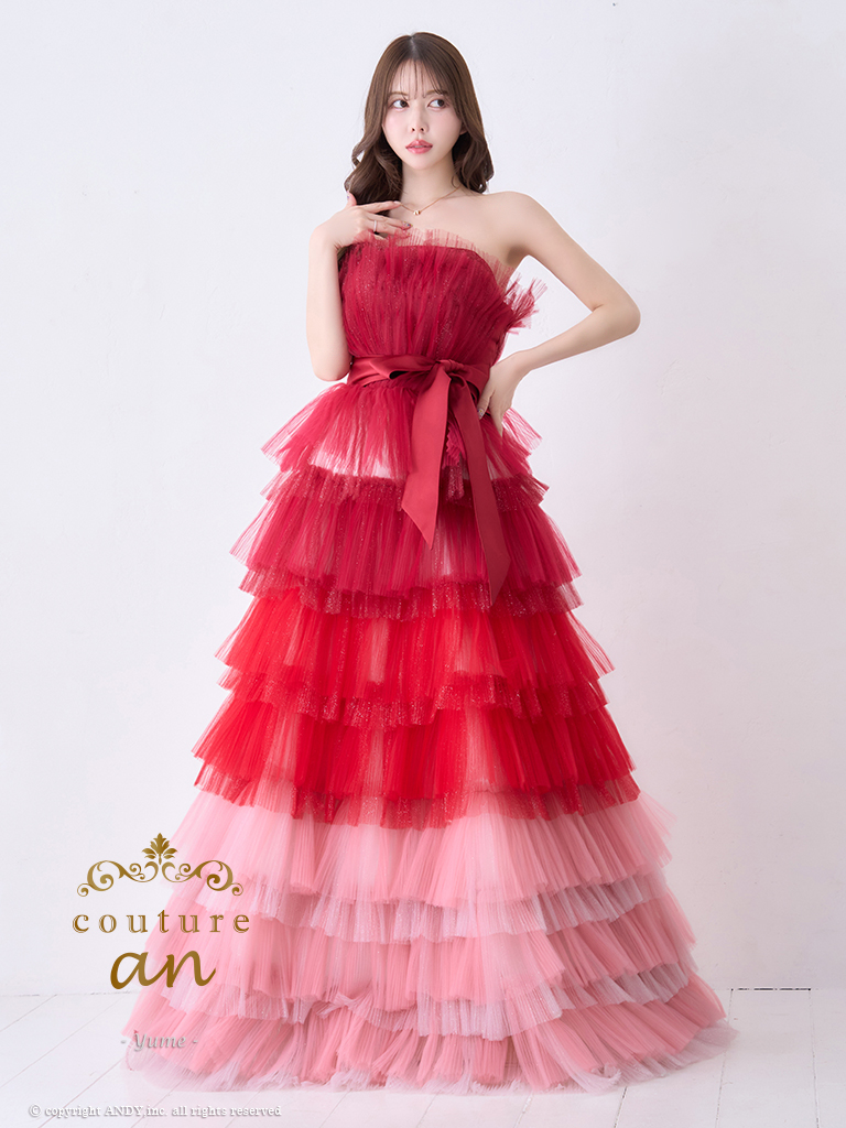 ガーリー オフショルダー リボン シフォン 立体 バースデー レースアップ Aラインロングドレスのメイン画像1