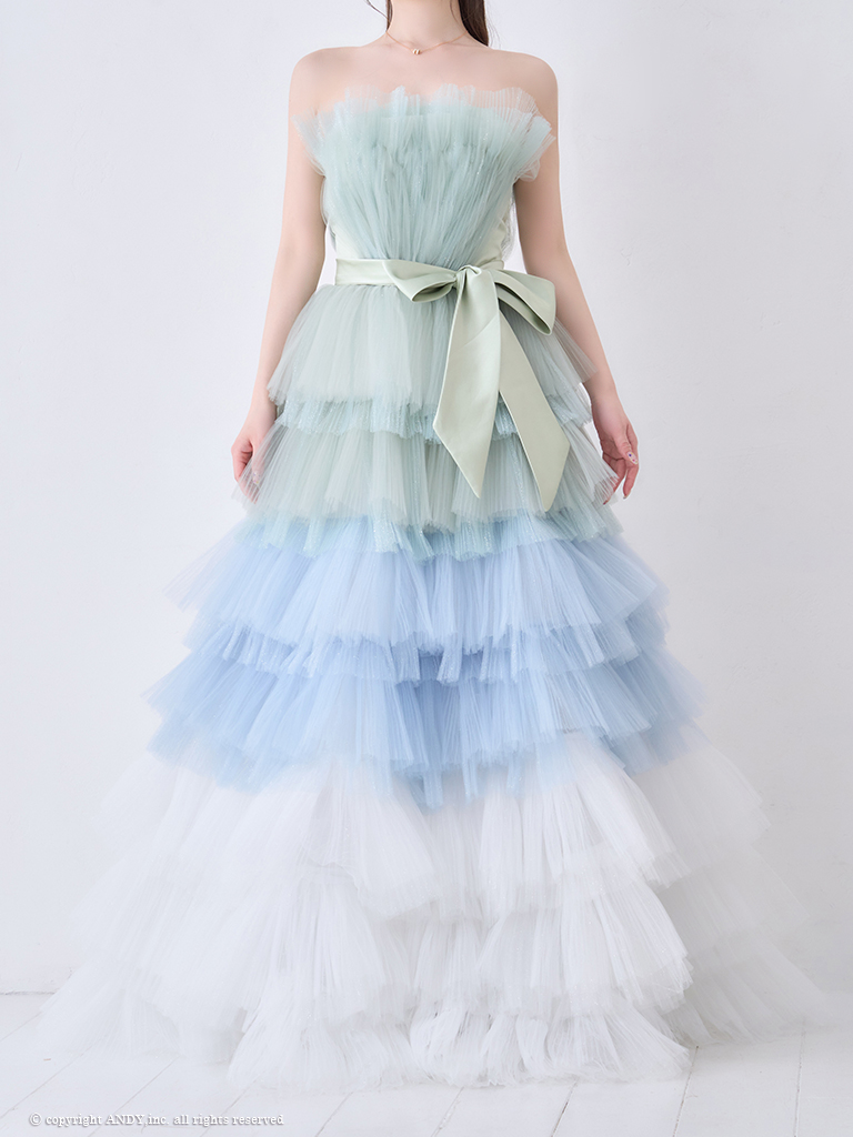 ガーリー オフショルダー リボン シフォン 立体 バースデー レースアップ Aラインロングドレスの詳細画像1