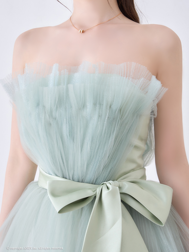 ガーリー オフショルダー リボン シフォン 立体 バースデー レースアップ Aラインロングドレスの詳細画像2