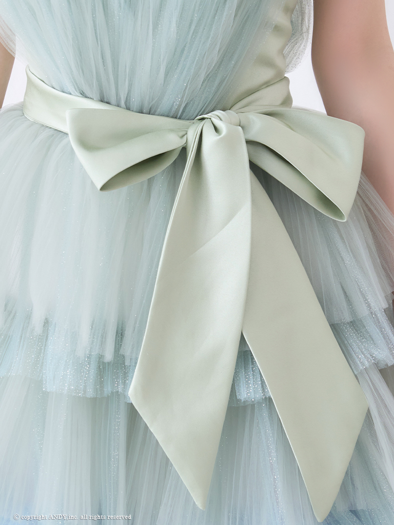 ガーリー オフショルダー リボン シフォン 立体 バースデー レースアップ Aラインロングドレスの詳細画像3