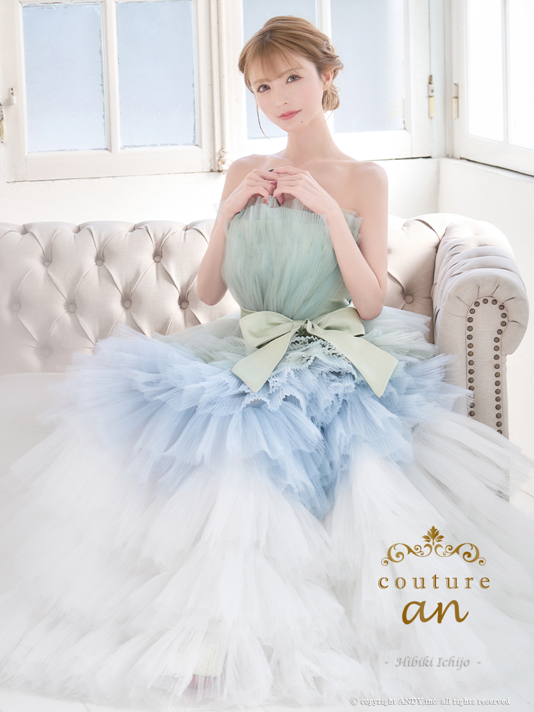 ガーリー オフショルダー リボン シフォン 立体 バースデー レースアップ Aラインロングドレスの詳細画像3