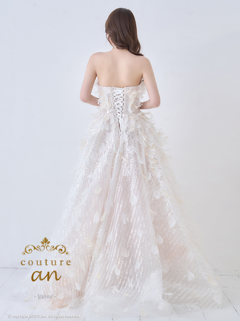 ガーリー オフショルダー ビジュー パール シフォン 立体 フラワー バースデー レースアップ Aラインロングドレスの全身バック画像1