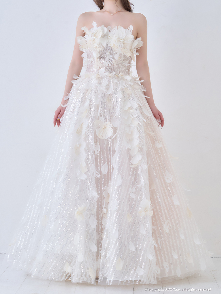 ガーリー オフショルダー ビジュー パール シフォン 立体 フラワー バースデー レースアップ Aラインロングドレスの詳細画像1