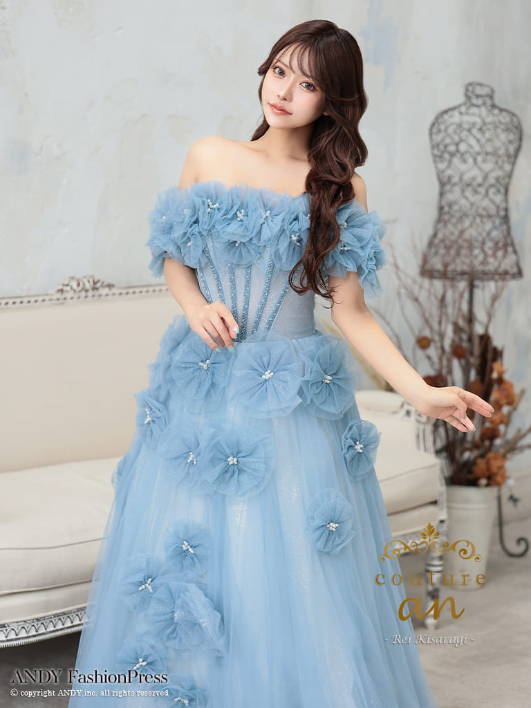 ガーリー オフショルダー ビジュー パール シフォン 立体 フラワー バースデー レースアップ Aラインロングドレスのメイン画像1