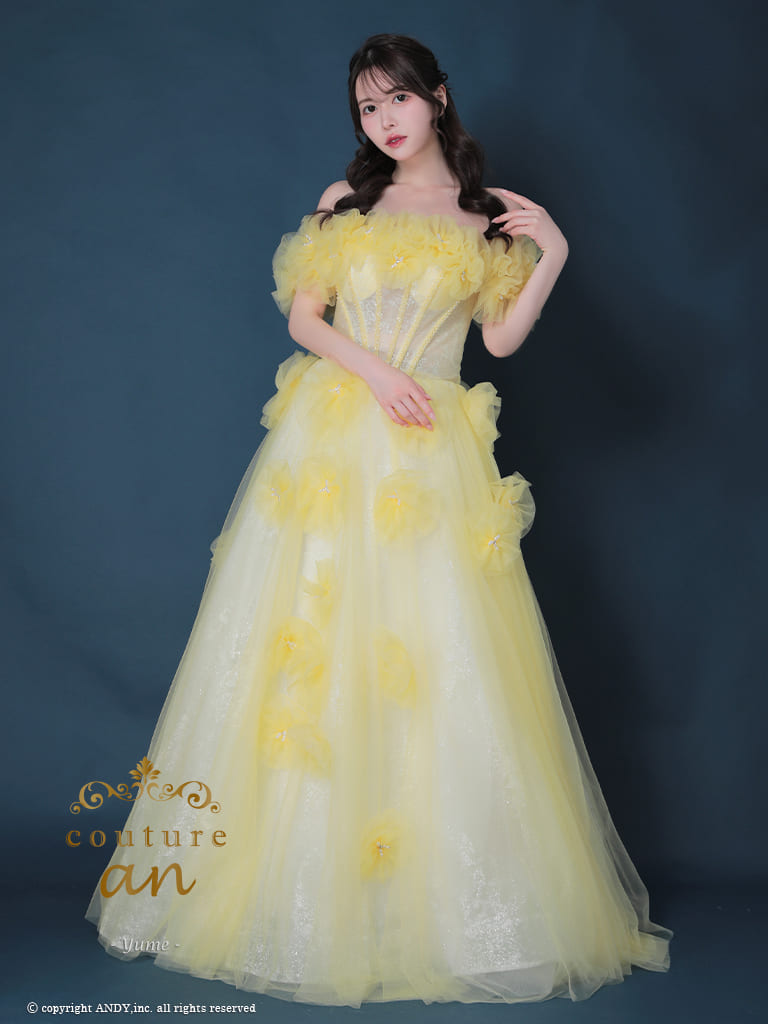 ガーリー オフショルダー ビジュー パール シフォン 立体 フラワー バースデー レースアップ Aラインロングドレスのメイン画像1