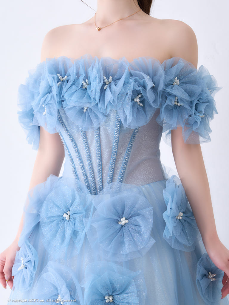 ガーリー オフショルダー ビジュー パール シフォン 立体 フラワー バースデー レースアップ Aラインロングドレスの詳細画像2