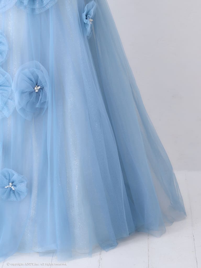 ガーリー オフショルダー ビジュー パール シフォン 立体 フラワー バースデー レースアップ Aラインロングドレスの詳細画像3