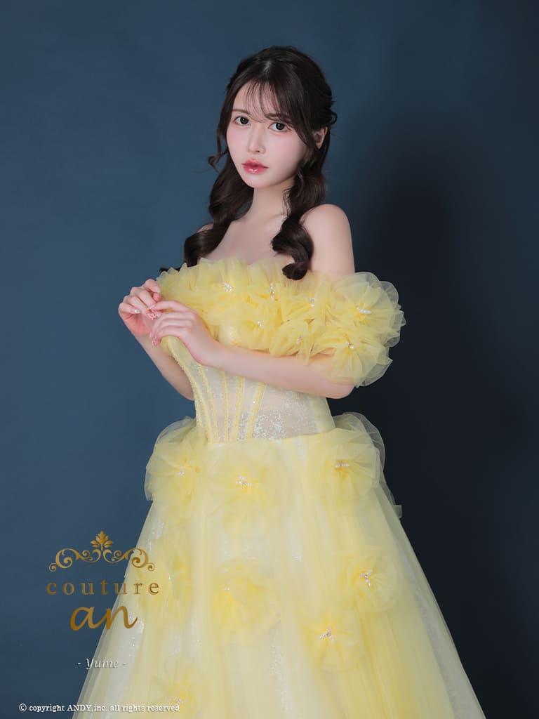 ガーリー オフショルダー ビジュー パール シフォン 立体 フラワー バースデー レースアップ Aラインロングドレスの詳細画像3