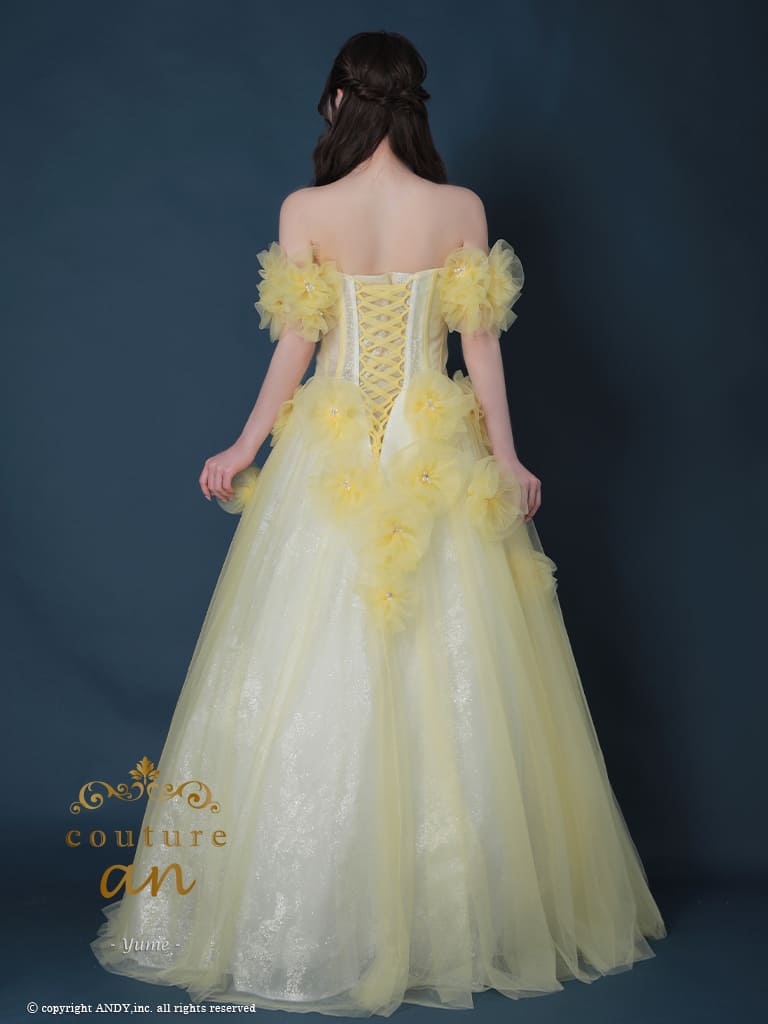 ガーリー オフショルダー ビジュー パール シフォン 立体 フラワー バースデー レースアップ Aラインロングドレスの詳細画像3