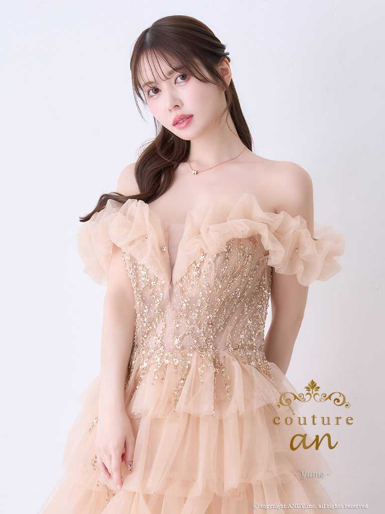 オフショルダー ラメ ビジュー シアー フリル ティアード チュール レースアップ バースデー Aラインロングドレスの全身フロント画像1