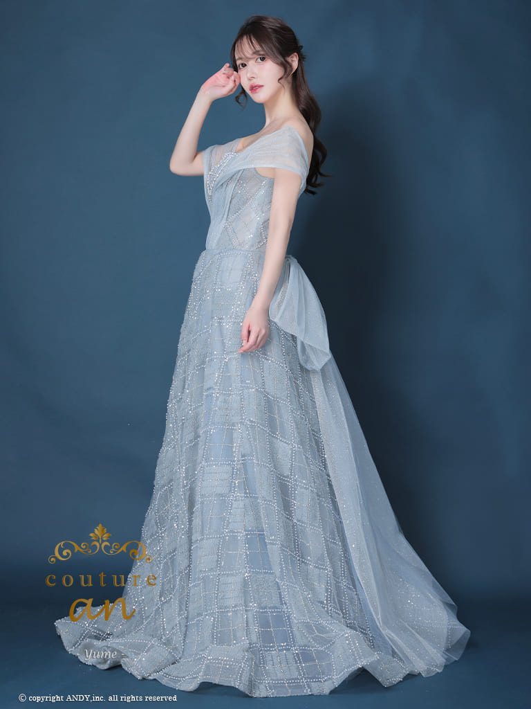 ガーリー オフショルダー シースルー ラメ ビーズ チェック チュール パール リボン レースアップ バースデー Aラインロングドレスの全身サイド画像1