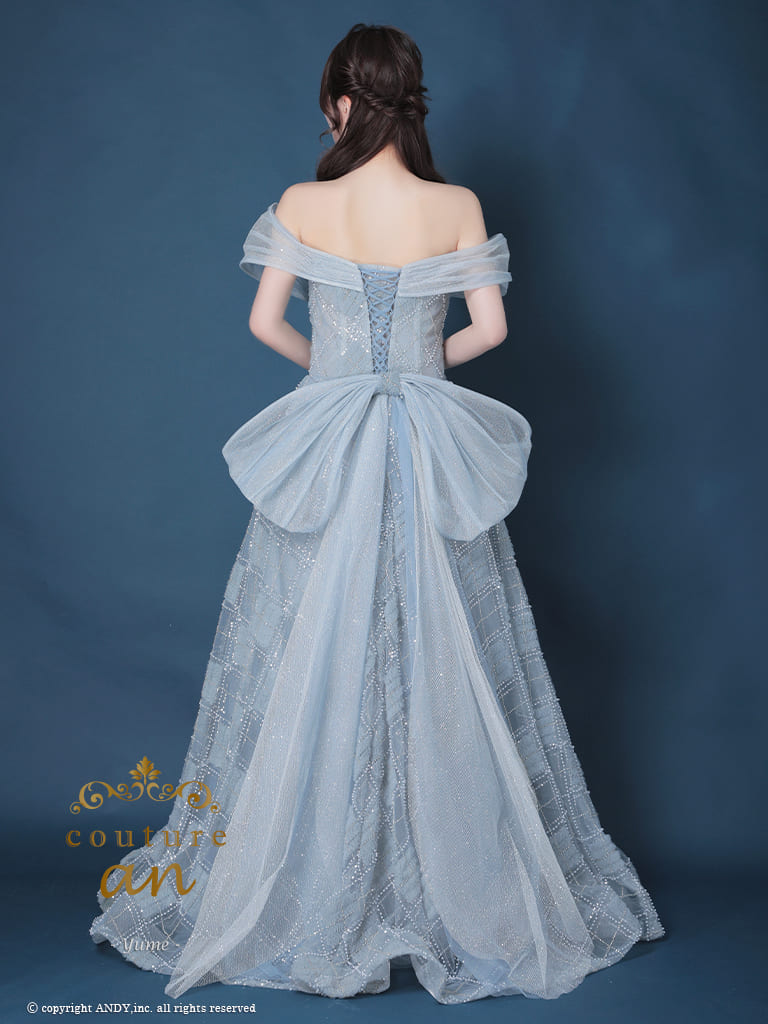 ガーリー オフショルダー シースルー ラメ ビーズ チェック チュール パール リボン レースアップ バースデー Aラインロングドレスの全身バック画像1