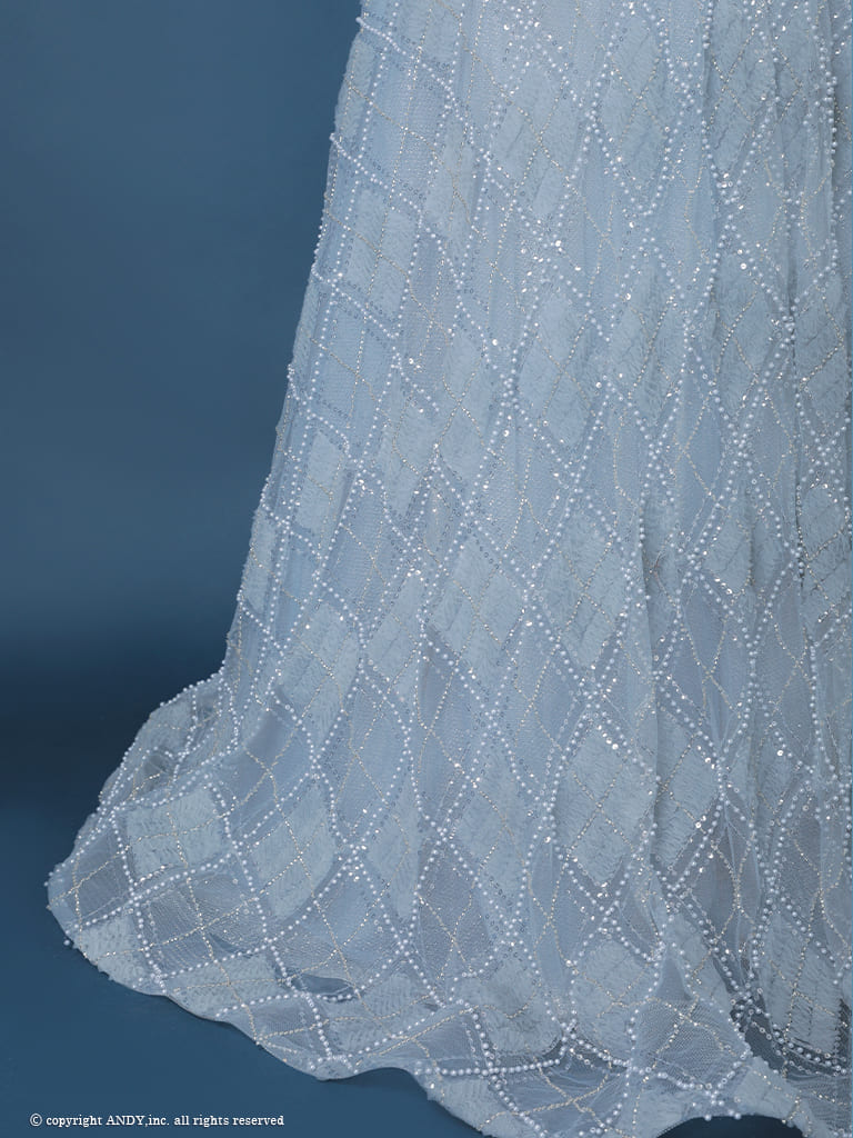 ガーリー オフショルダー シースルー ラメ ビーズ チェック チュール パール リボン レースアップ バースデー Aラインロングドレスの詳細画像3